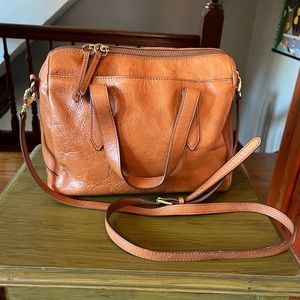 Fossil Sydney Leather Crossbody Satchel w/ Top Handles & Brass Hardware in Camel